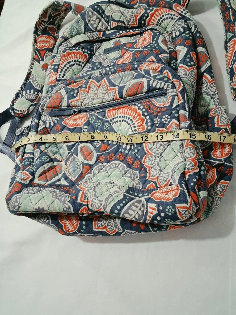 Vera Bradley Navy Quilted Floral Backpack with Coral & Mint Accents